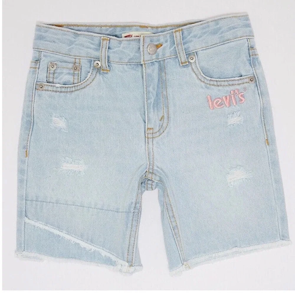 Levis Girls Light Wash Distressed Low Pitch Midi Denim Shorts Size 7 Reg Pink